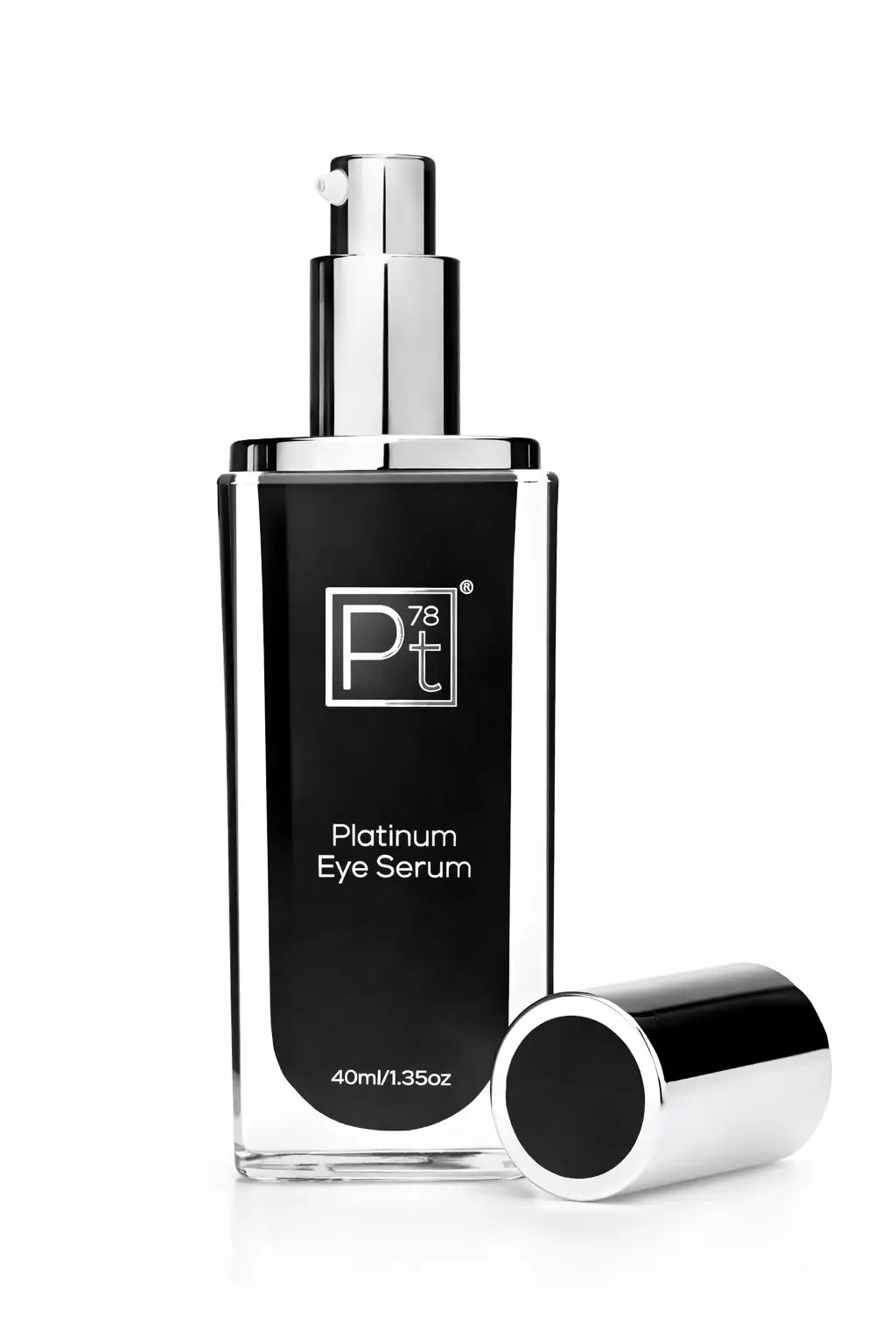 Platinum Eye Serum bottle with silver pump and black glass container