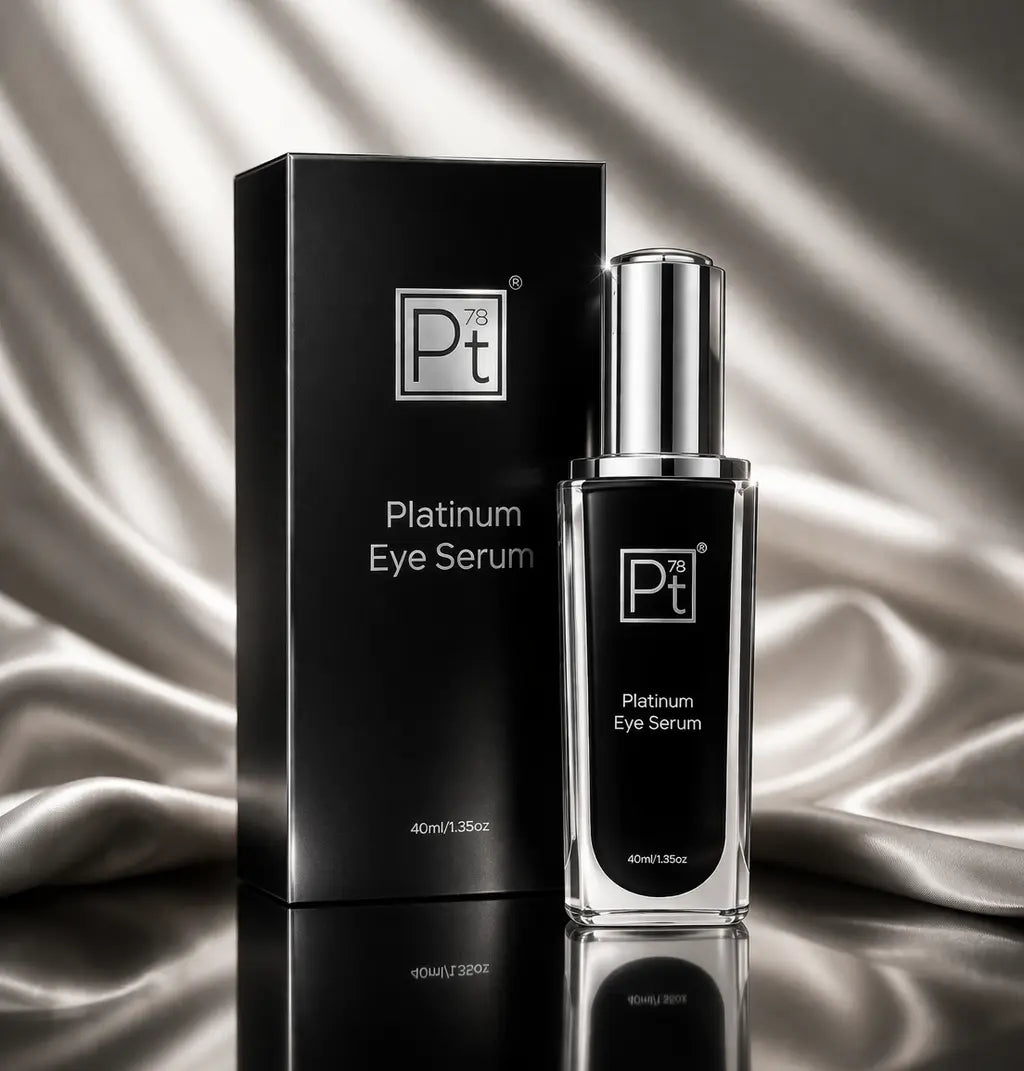 Platinum Eye Serum bottle beside black box with silver cap