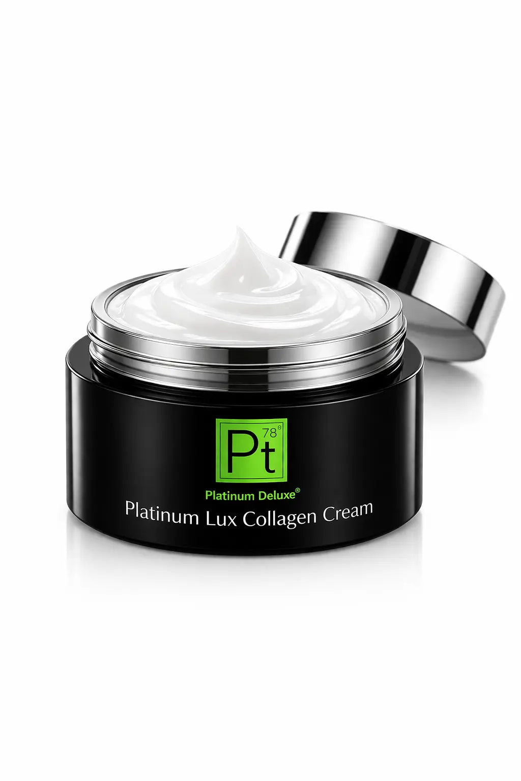Platinum Lux Collagen Cream jar with open lid and white cream swirl