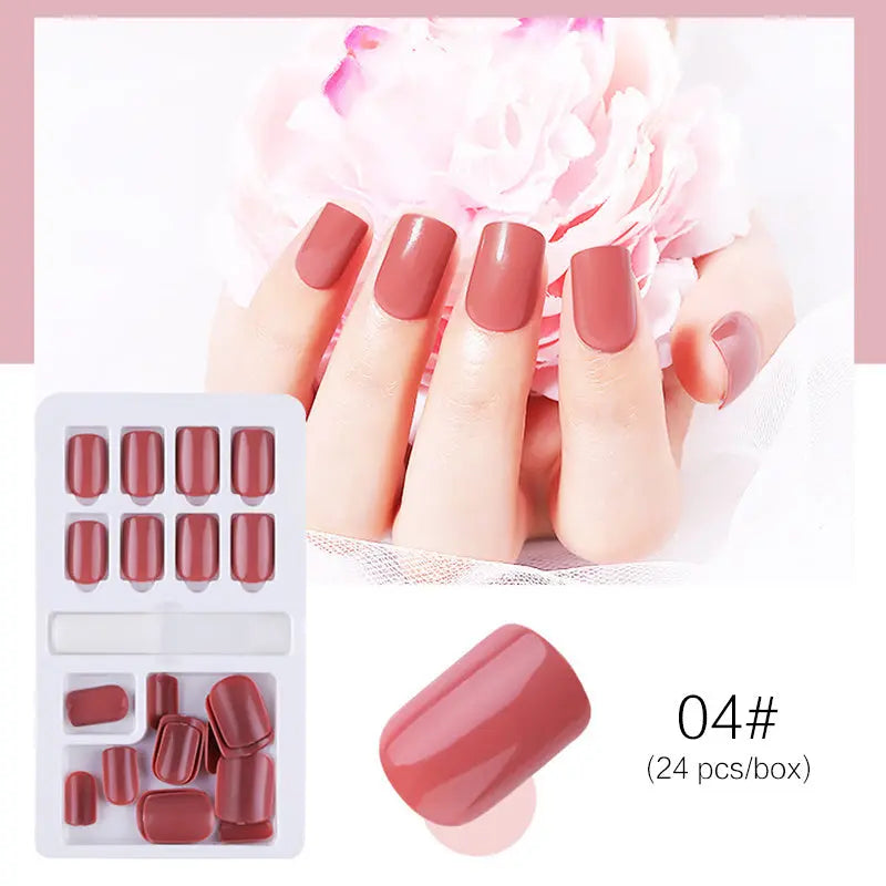 Reusable Stick-On-Nails Set, 04# coral pink, glossy oval tips (24 pcs).