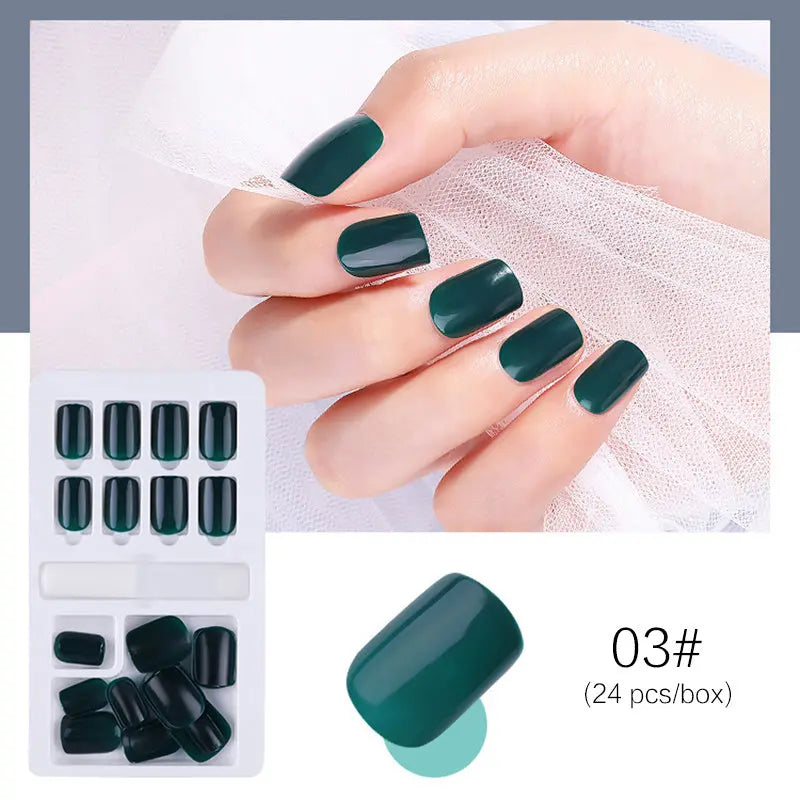 Reusable Stick-On-Nails Set, 03# dark green, glossy squared tips (24 pcs).