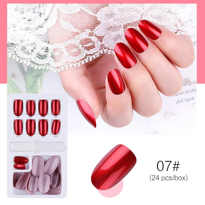 Reusable Stick-On-Nails Set, 07# bright red, glossy oval tips (24 pcs).