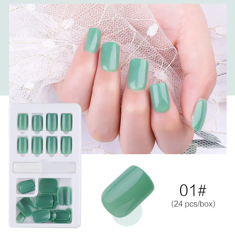 Reusable Stick-On-Nails Set, 01# mint green, glossy oval tips (24 pcs).