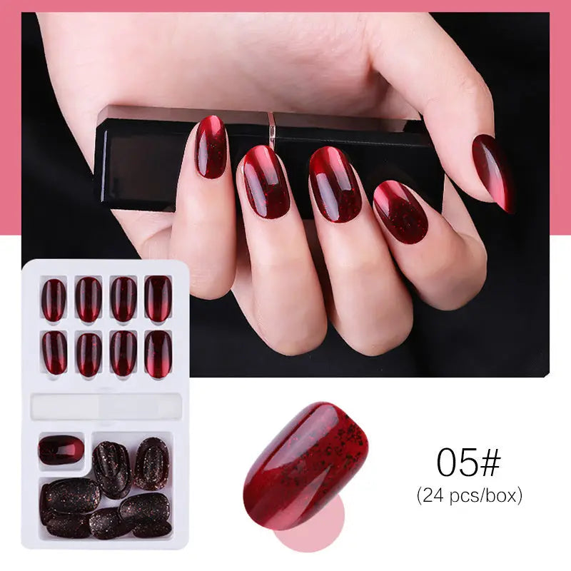 Reusable Stick-On-Nails Set, 05# red glitter, glossy oval tips (24 pcs).