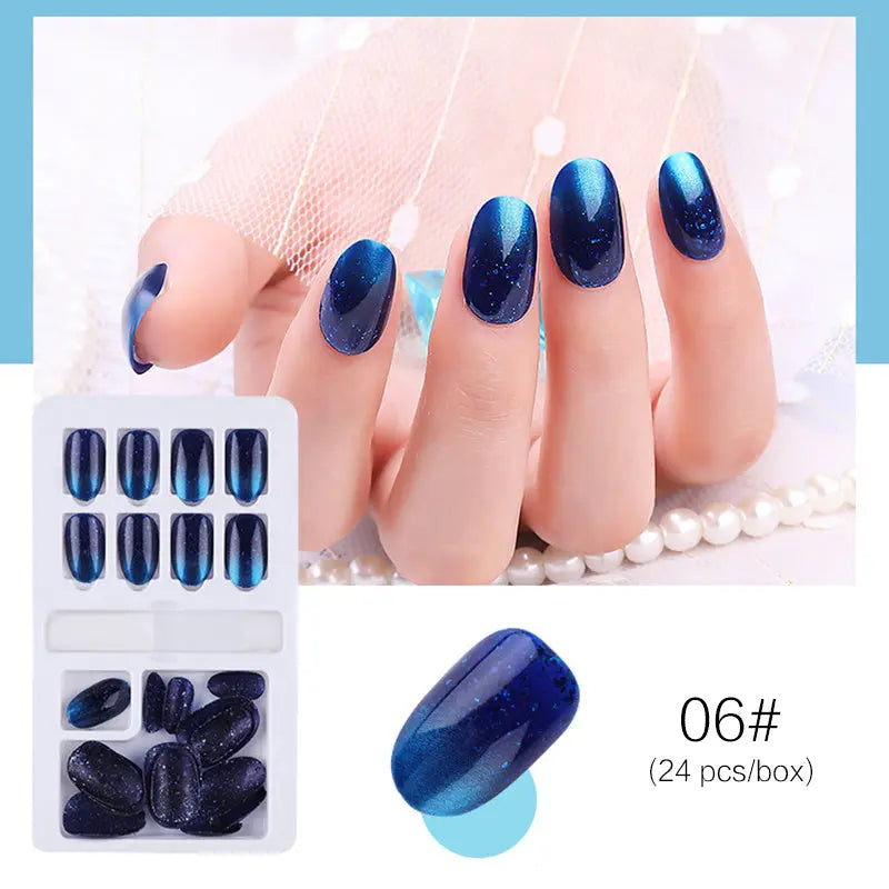 Reusable Stick-On-Nails Set, 06# navy blue, glossy oval tips (24 pcs).