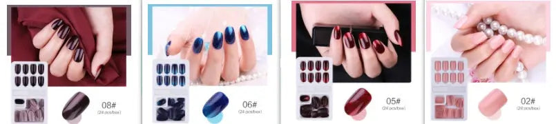 Reusable Stick-On-Nails color mix collage showing multiple sets: 02#,05#,06#,08#,04#.