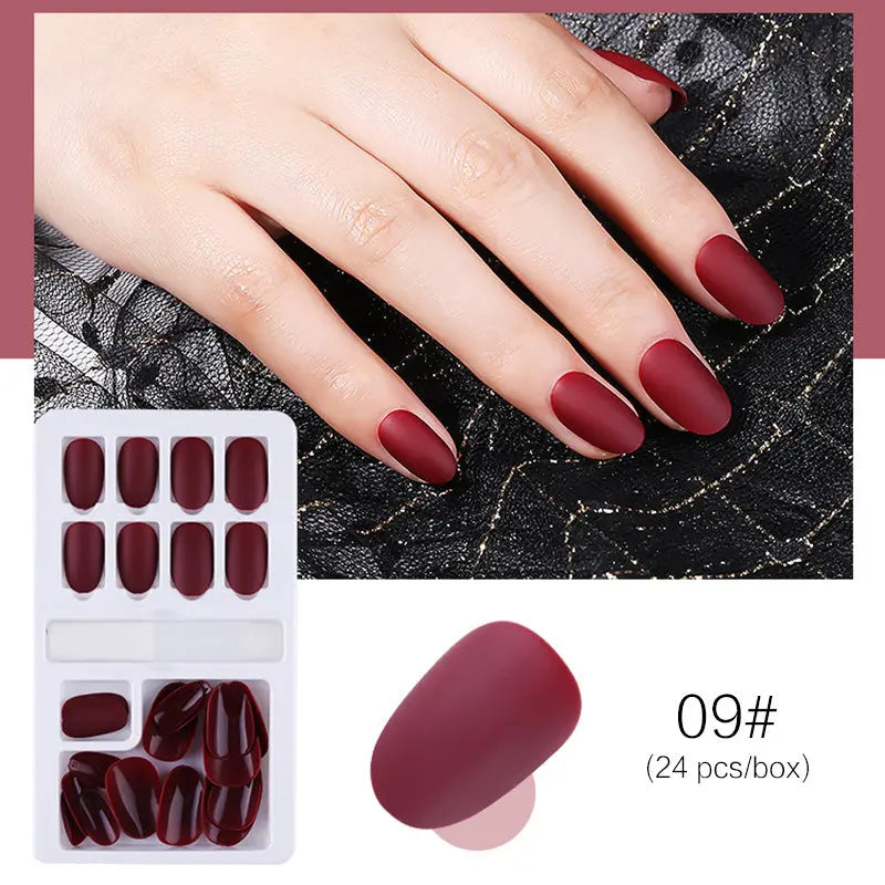 Reusable Stick-On-Nails Set, 09# burgundy, glossy oval tips (24 pcs).