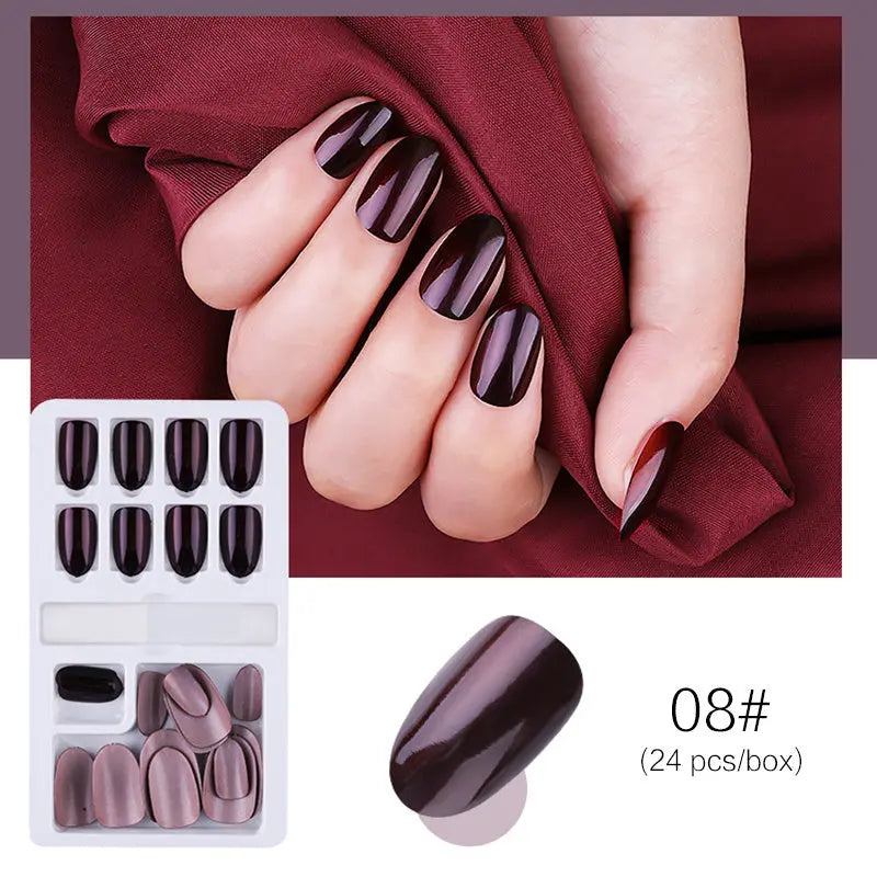 Reusable Stick-On-Nails Set, 08# taupe brown, glossy oval tips (24 pcs).