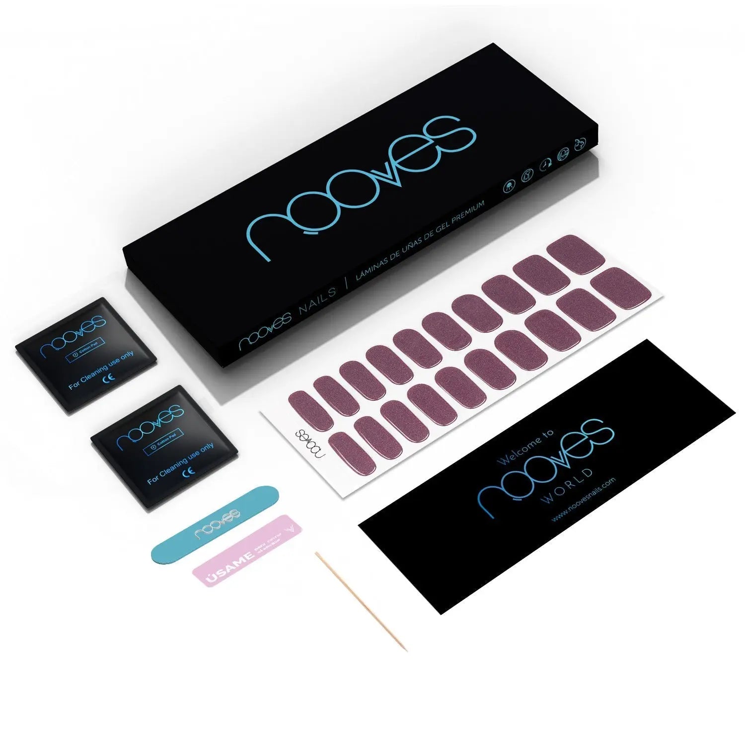 Caja y láminas de tiras de gel Ruby Claret; piezas granate con purpurina