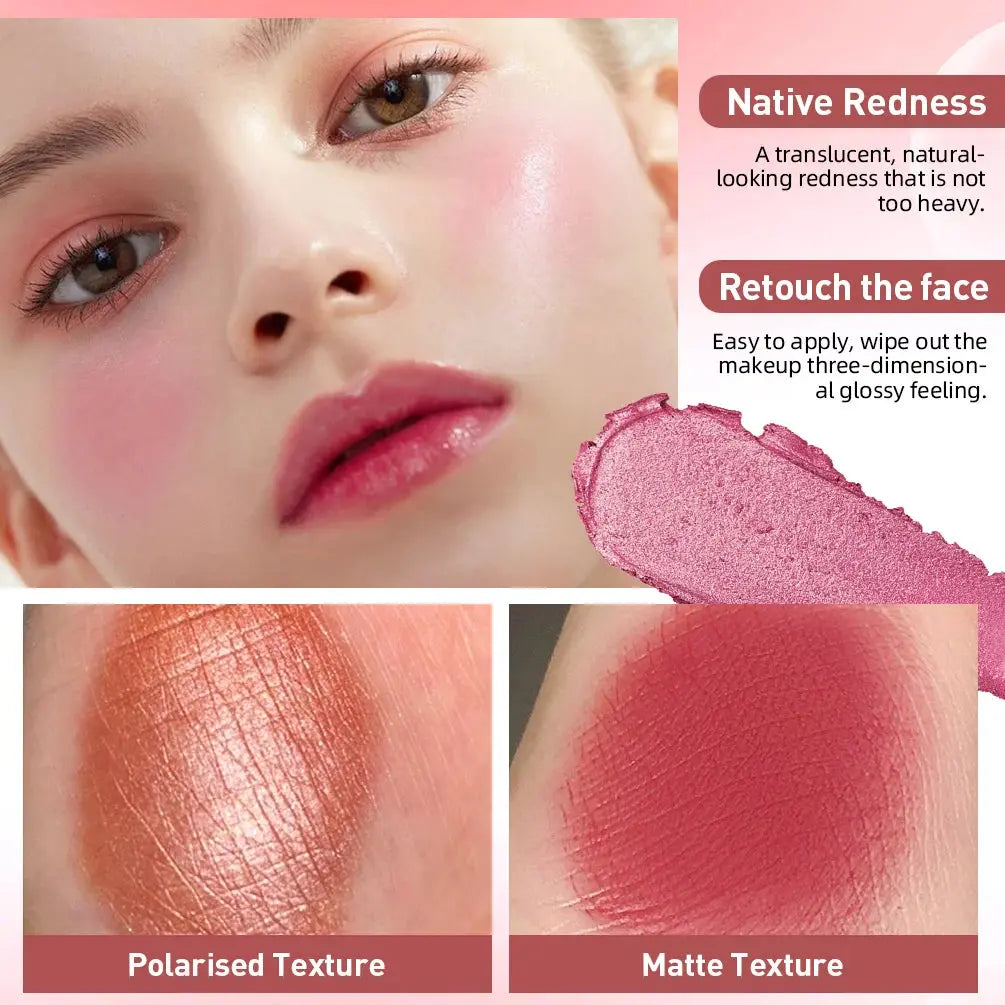 Rosy multi-stick with swatch showing glossy finish on lips and matte texture on skin