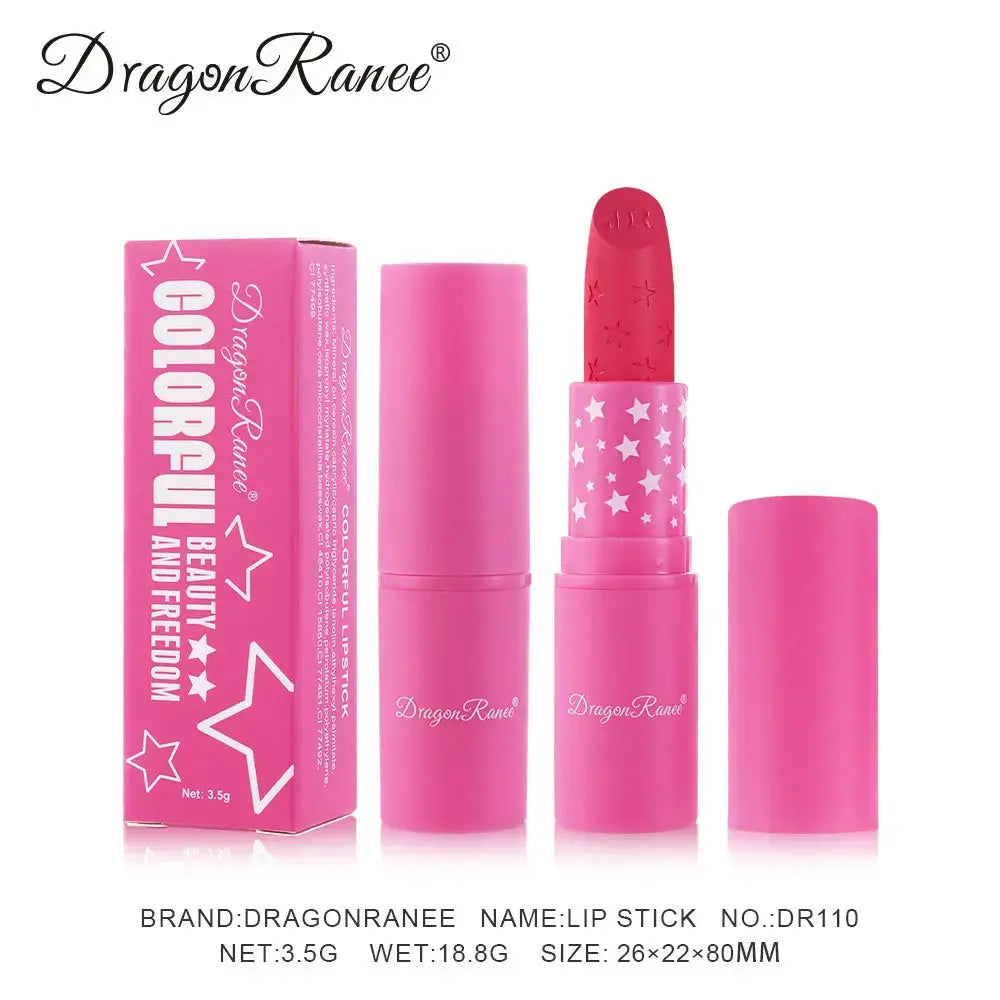 Waterproof matte lipstick in pink packaging and tube, star-pattern cap