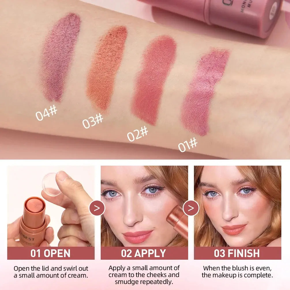 Multi-stick swatches labeled 04, 03, 02, 01 on skin for cheeks, eyes, and lips
