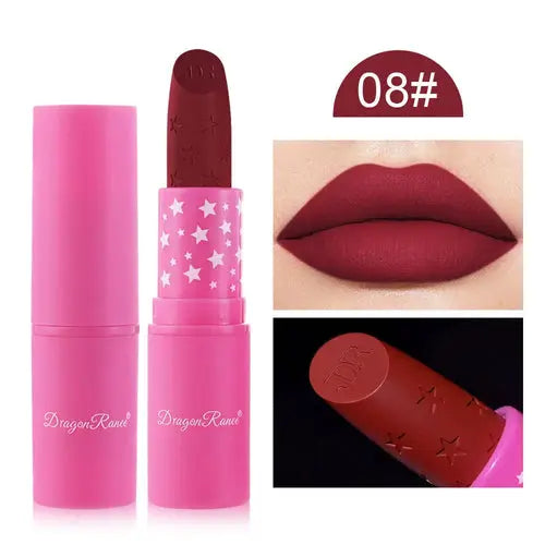 Wasserfester matter Lippenstift 08# – Beerenrot Lippen Swatch und Tube