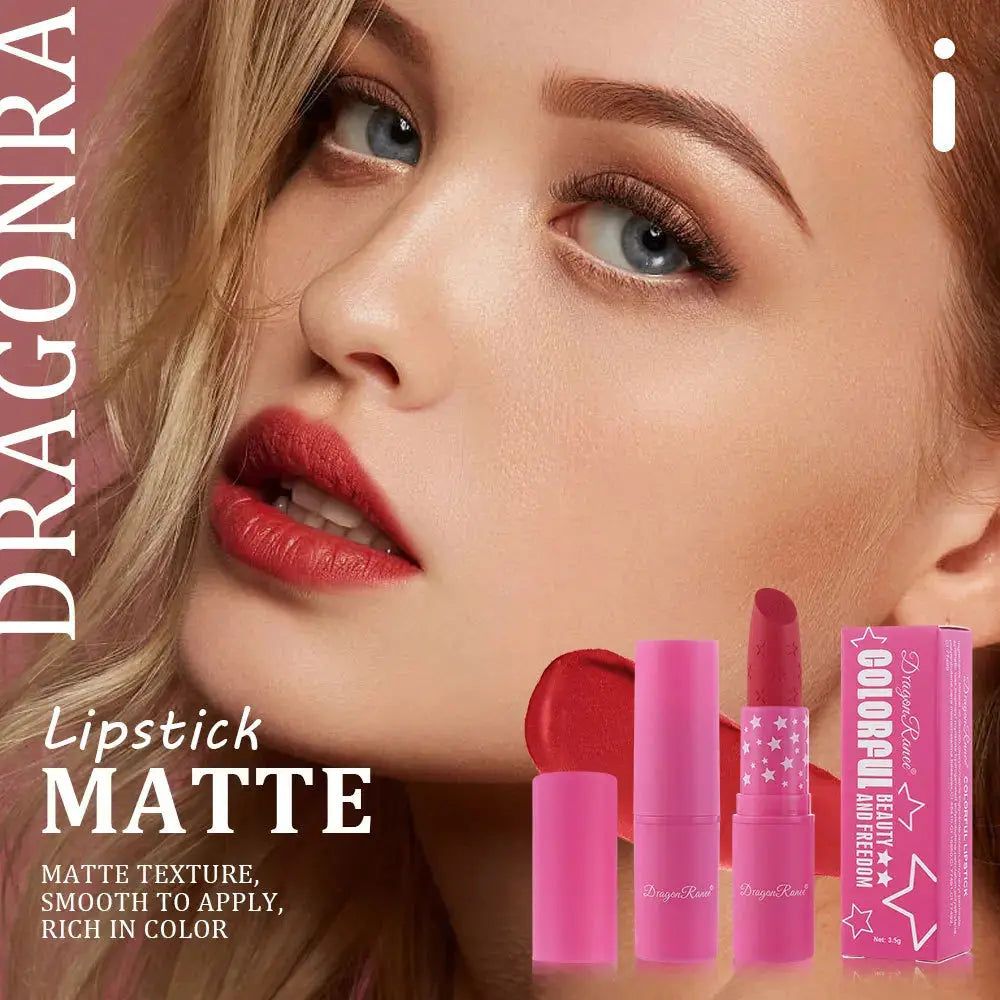 Matte lipstick on lips with several lipstick bullets in pink and rose-red shades