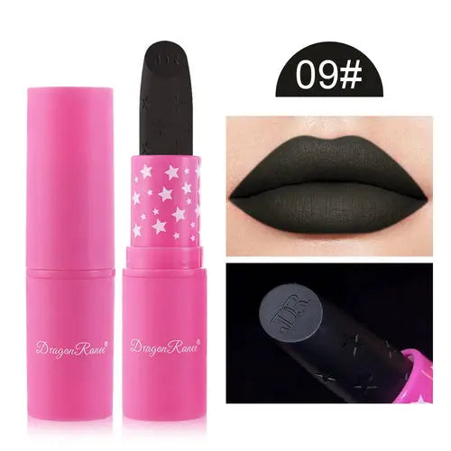 Lipstick color 09#: matte dark lip shade with pink tube and star-pattern cap
