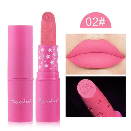 Lipstick color 02#: matte bright pink tube and cap with matching lip swatch