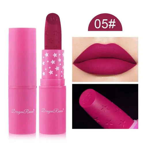Lipstick color 05#: matte hot pink tube and cap with matching lip swatch