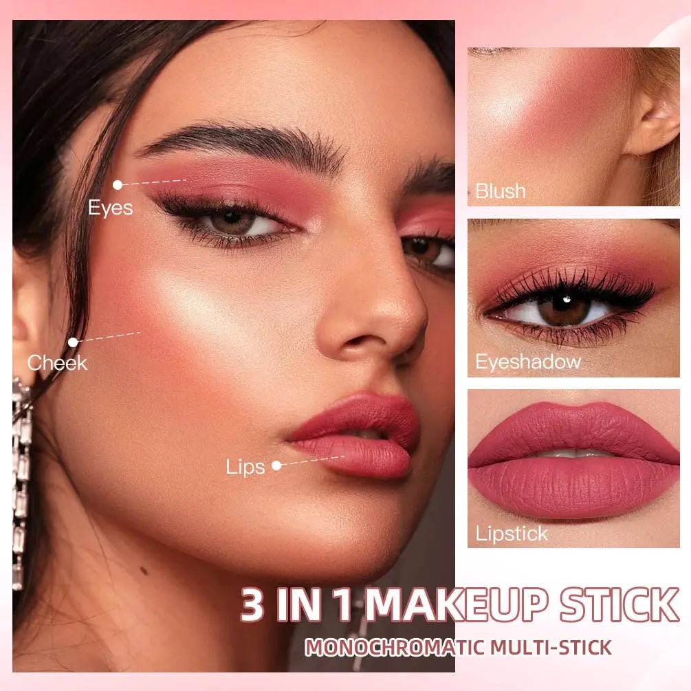 3-in-1 makeup stick with rosy tint used on eyeshadow, blush, and lipstick areas