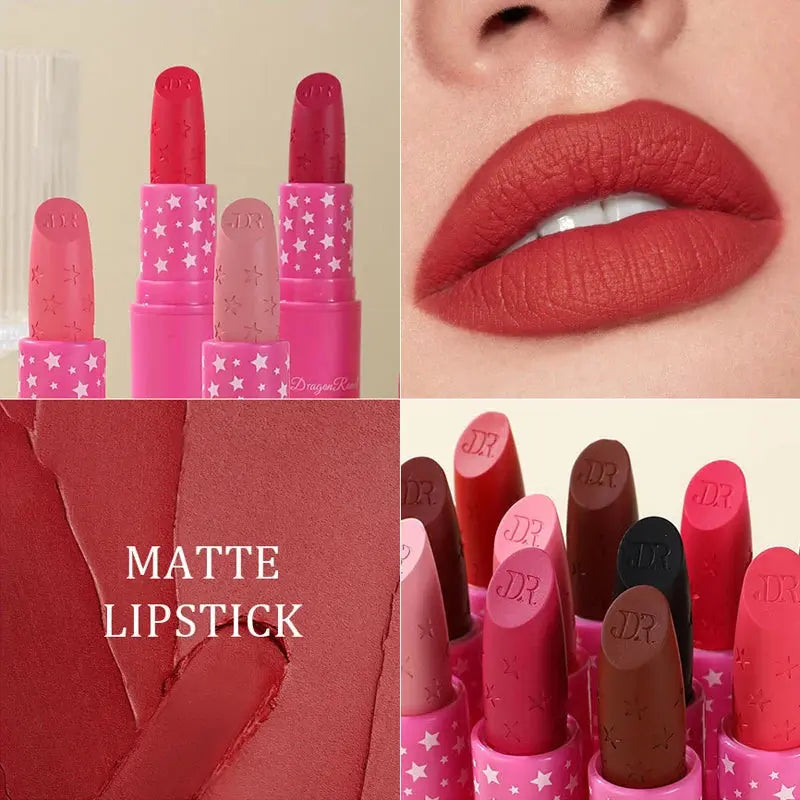 Matte lipstick shades with close-up lips in deep red; multiple bullets upright
