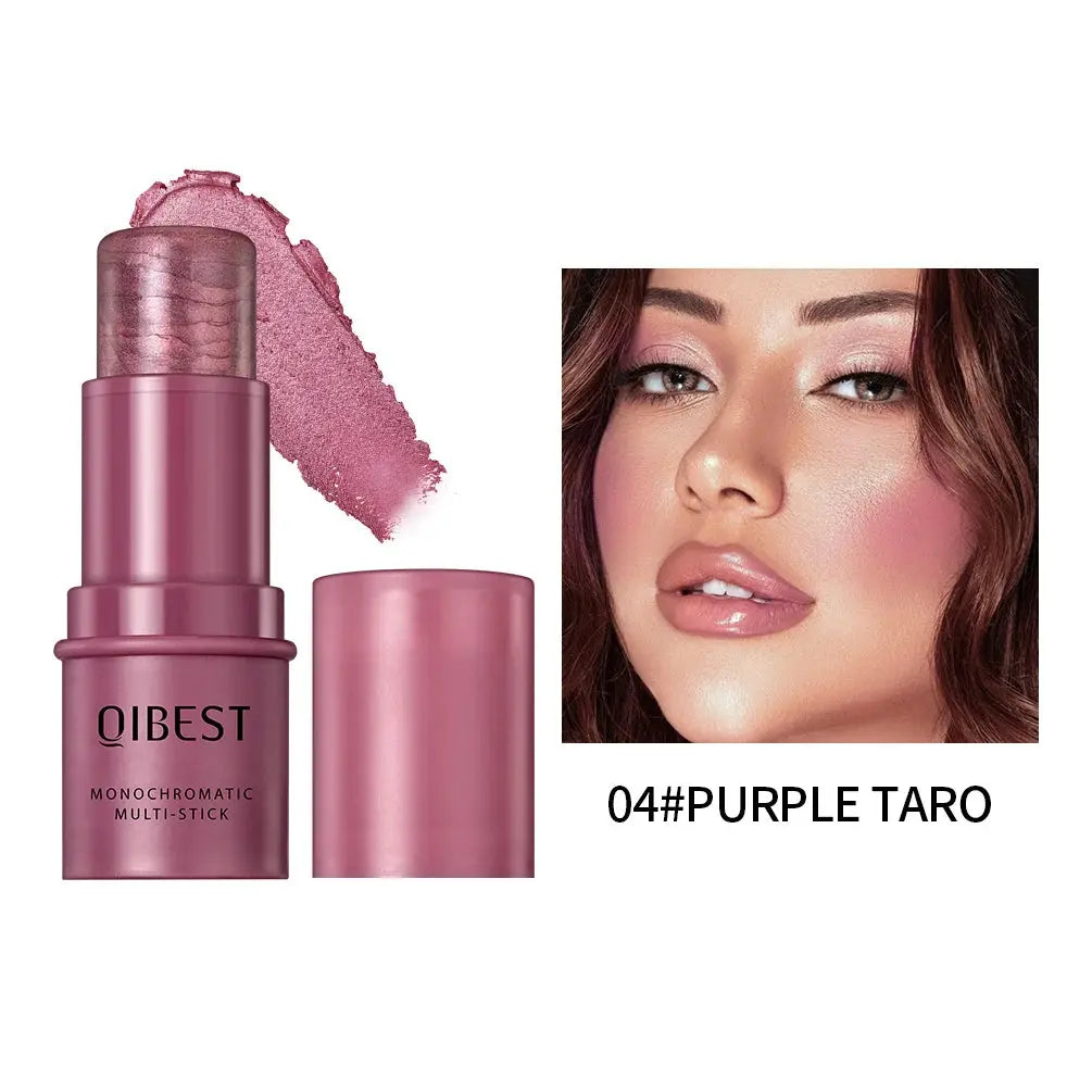 Multi-stick shade 04 Purple Taro with swatch on cheek and lips