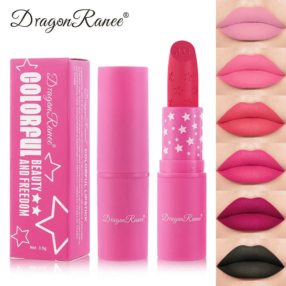 Waterproof matte lipstick: pink tube with star cap, lip swatches of different shades