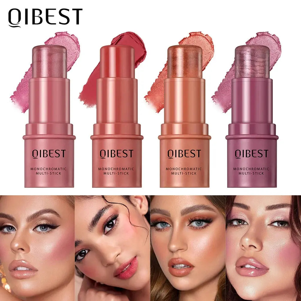 Multi-stick color lineup showing different tinted shades for cheeks, eyes, and lips