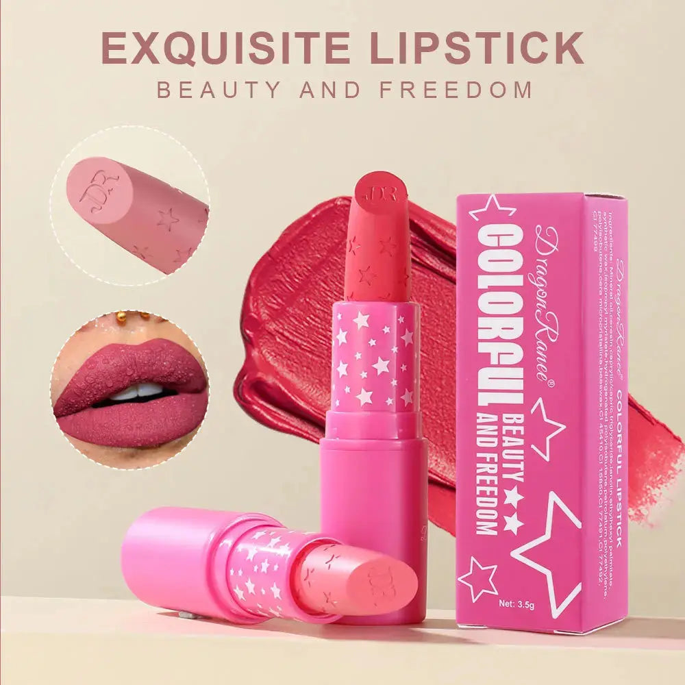Matte lipstick set with rose-red lipstick and pink product tube, star-pattern cap