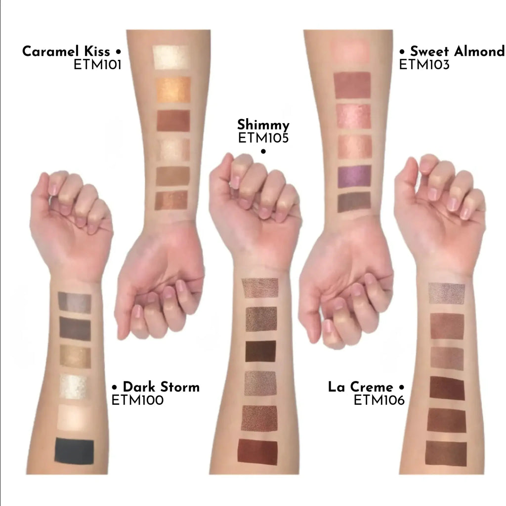 Swatch chart arms for Caramel Kiss, Dark Storm, Shimmy, La Creme, Sweet Almond