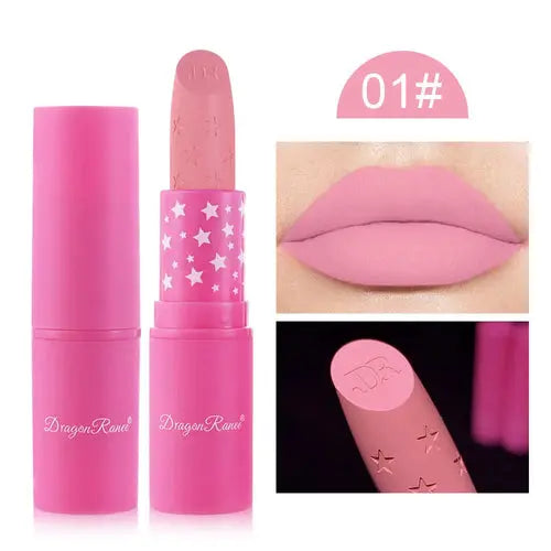 Wasserfester matter Lippenstift 01# in Rosa – Lippen Swatch und Tube
