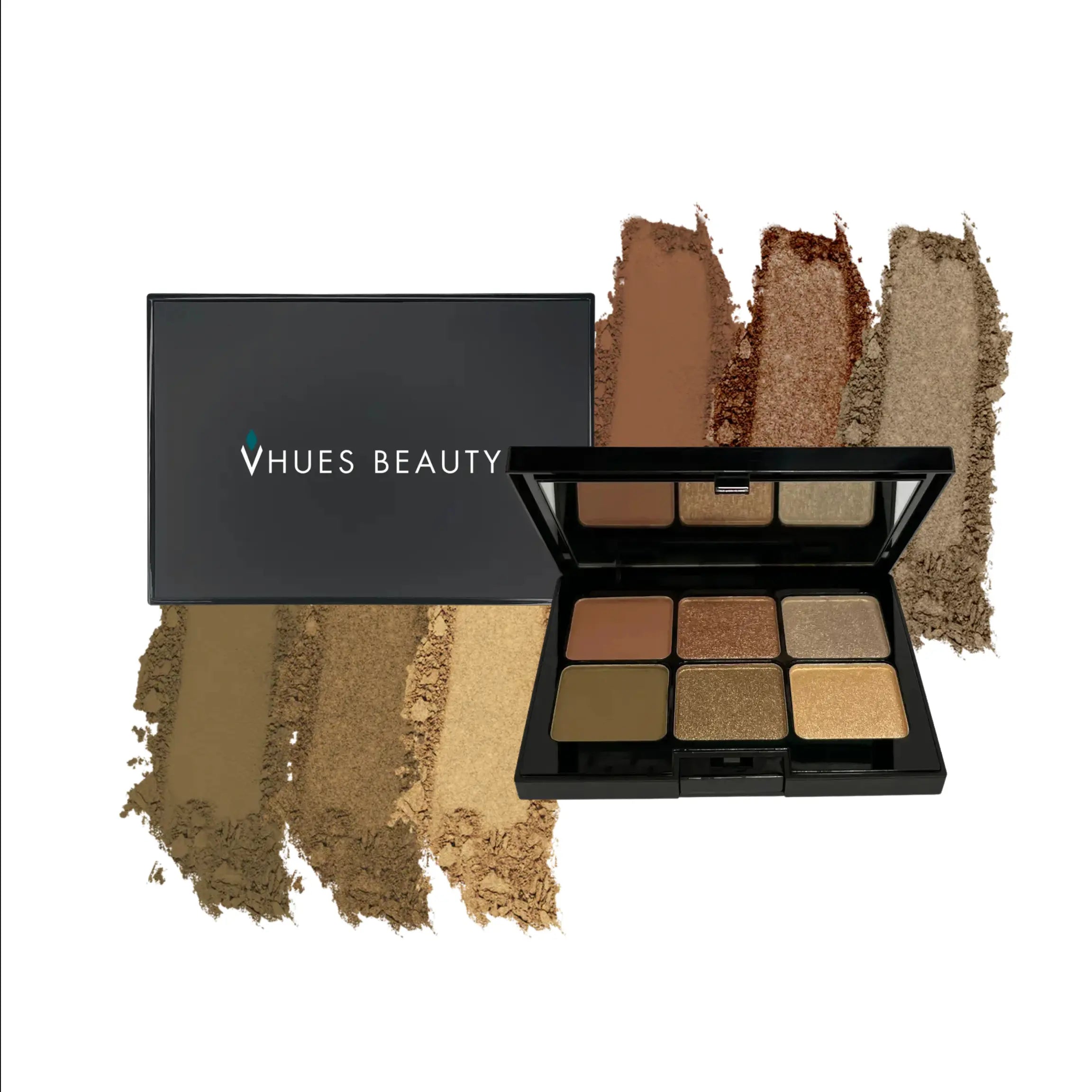 Vegan eyeshadow palette with warm tan, bronze, and olive-gold matte & shimmer shades