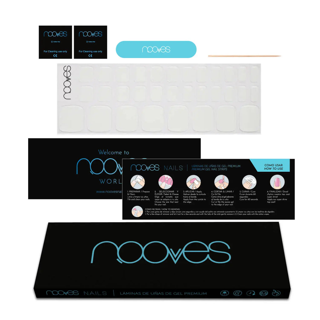 NOOVES White summer gel nail strip kit with clear strip sheet and instruction cards
