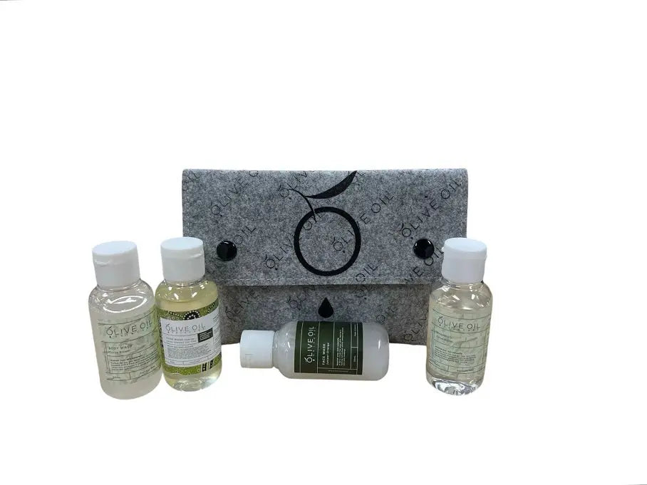 Set with gray pouch, two smaller bottles, two clear bottles, and central lotion tube