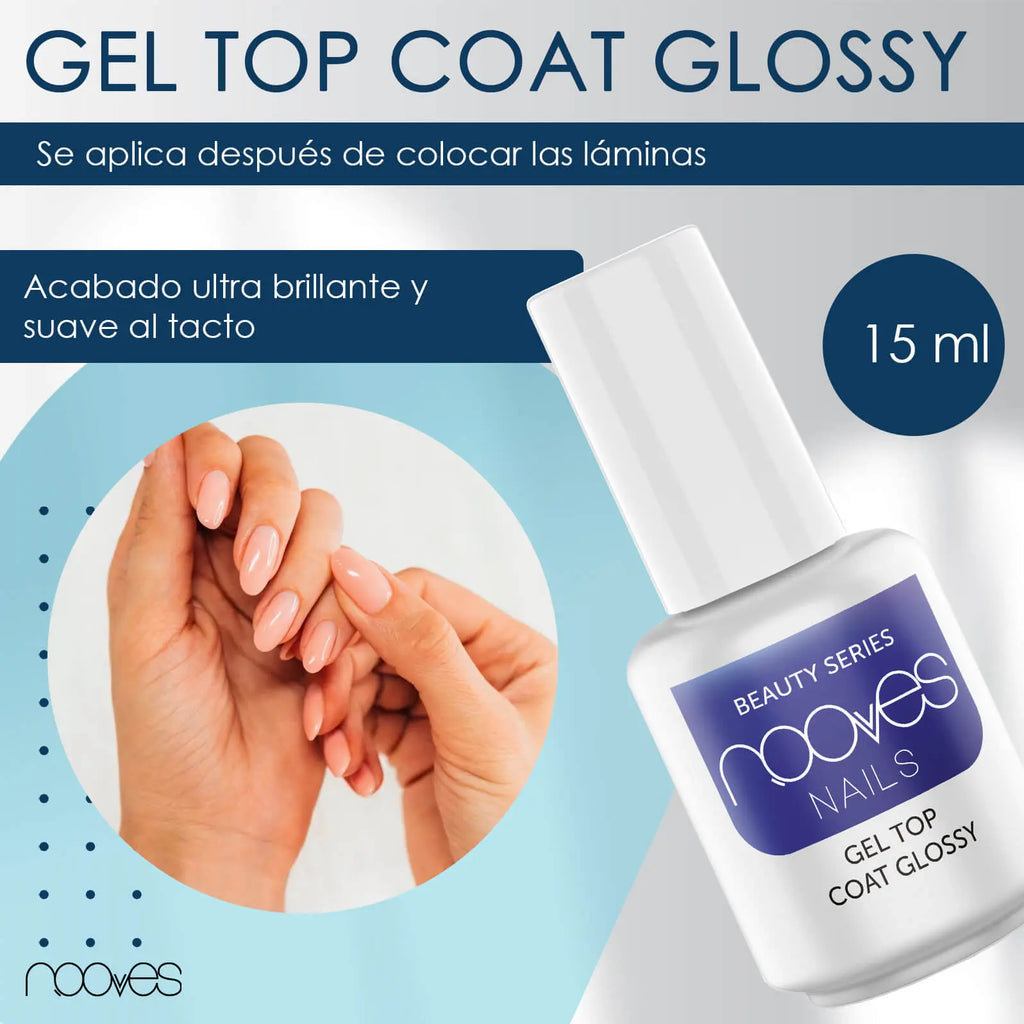 Gel top coat glossy para uñas NOOVES, acabado brillante, botella 15 ml