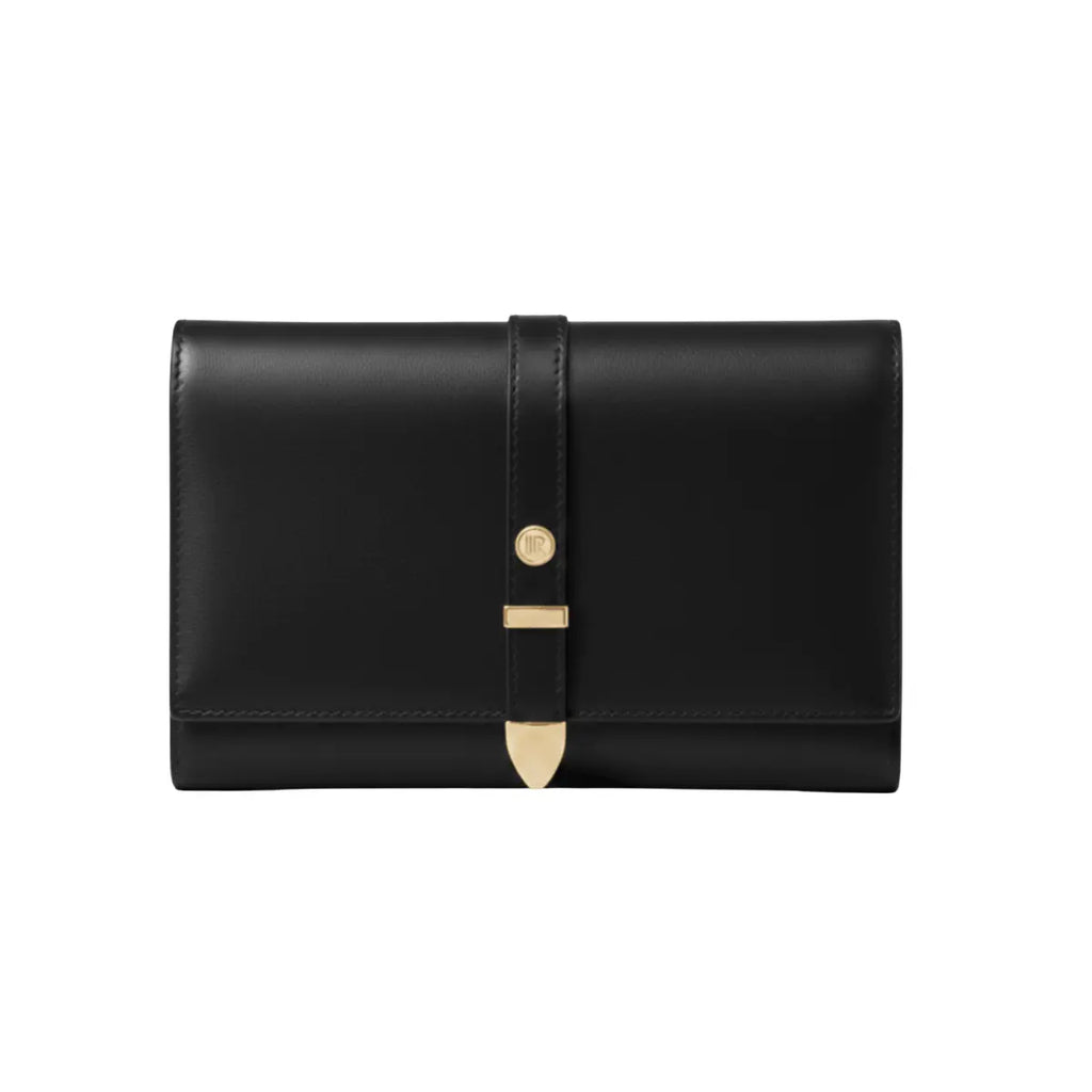 Aspen Black travel wallet front fold with gold clasp hardware