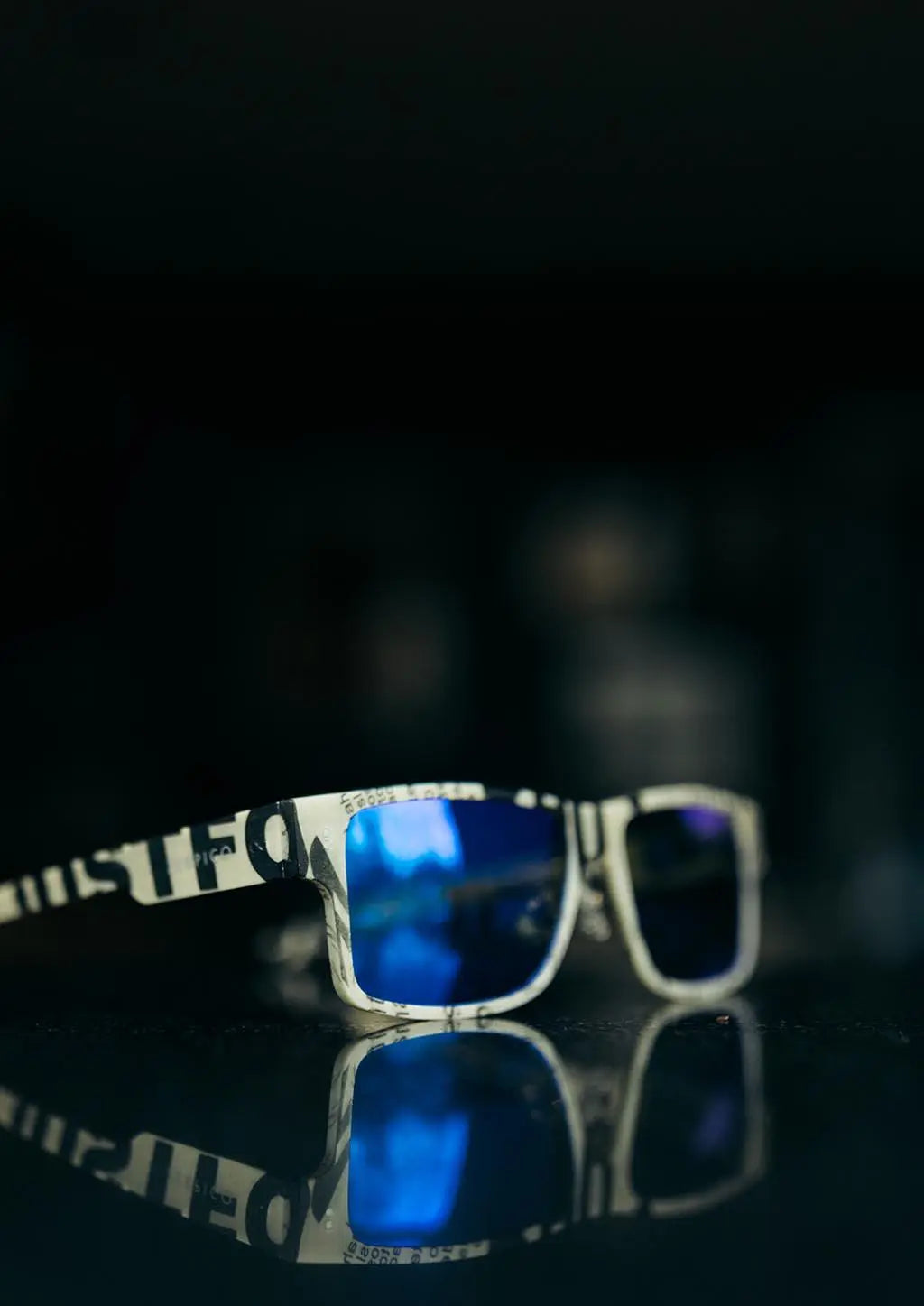 ReVision square paper sunglasses, raw paper frame with blue mirror lenses