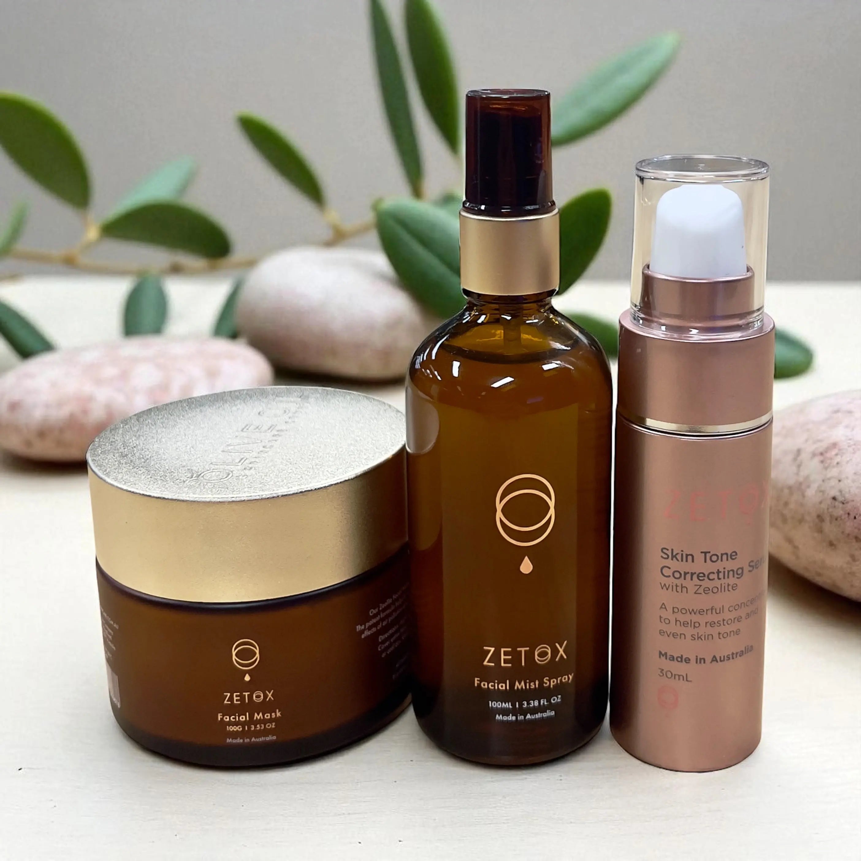 Zetox bundle: amber facial mist 100 ml, clay mask jar, skin tone serum 30 ml