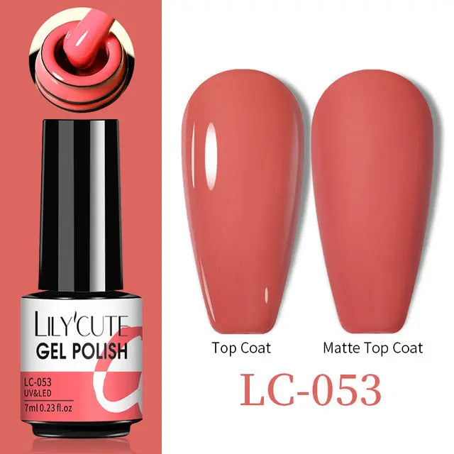 Thermal gel nail polish LC-053: coral-red glossy, matte top coat swatch