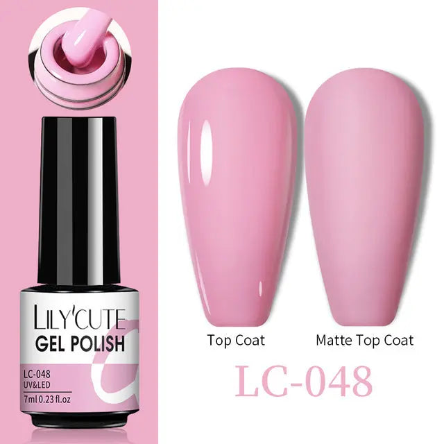 Gel nail polish LC-048: glossy pink finish, matte top coat nail swatch