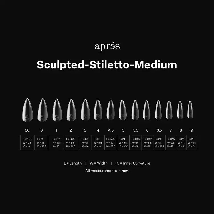 Sculpted stiletto medium tips size chart with 00–9 scale and L/W/IC measurements