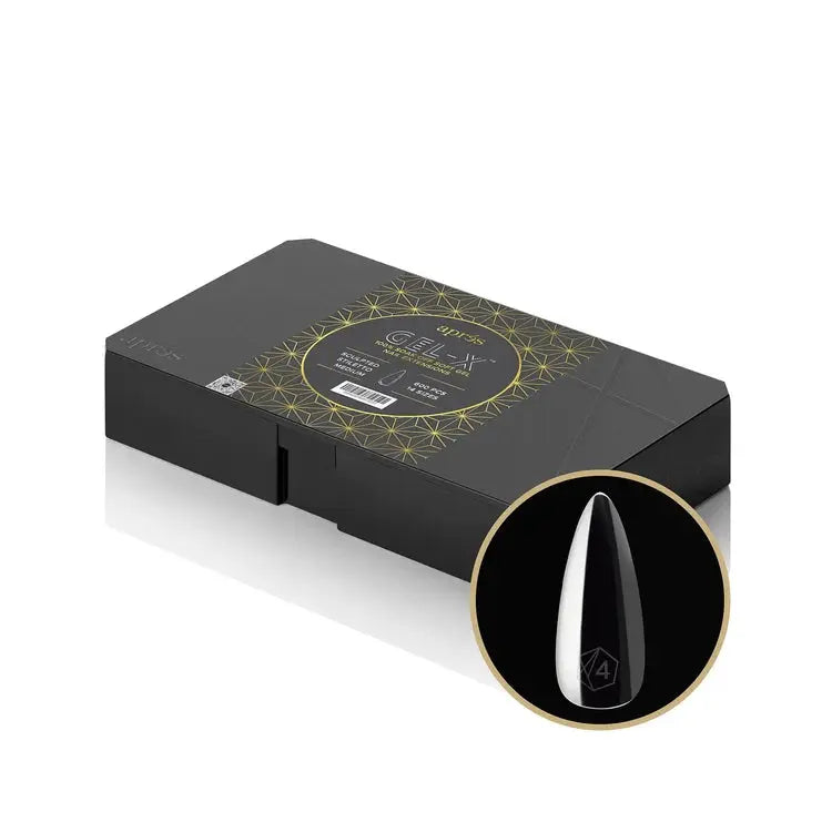 Apres Gel-X sculpted stiletto medium tips box with size 4 shown in close-up