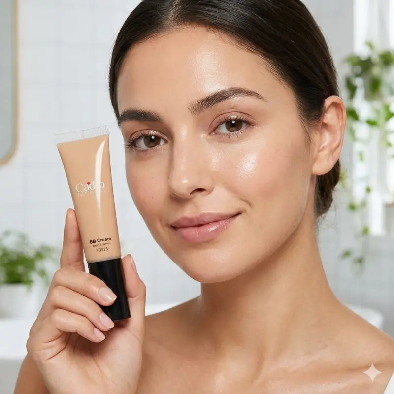 BB cream tube held near cheek; hydrated, natural-looking beige coverage