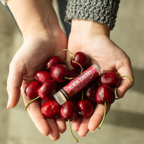 Hands holding Black Cherry lip balm tube with glossy red cherries