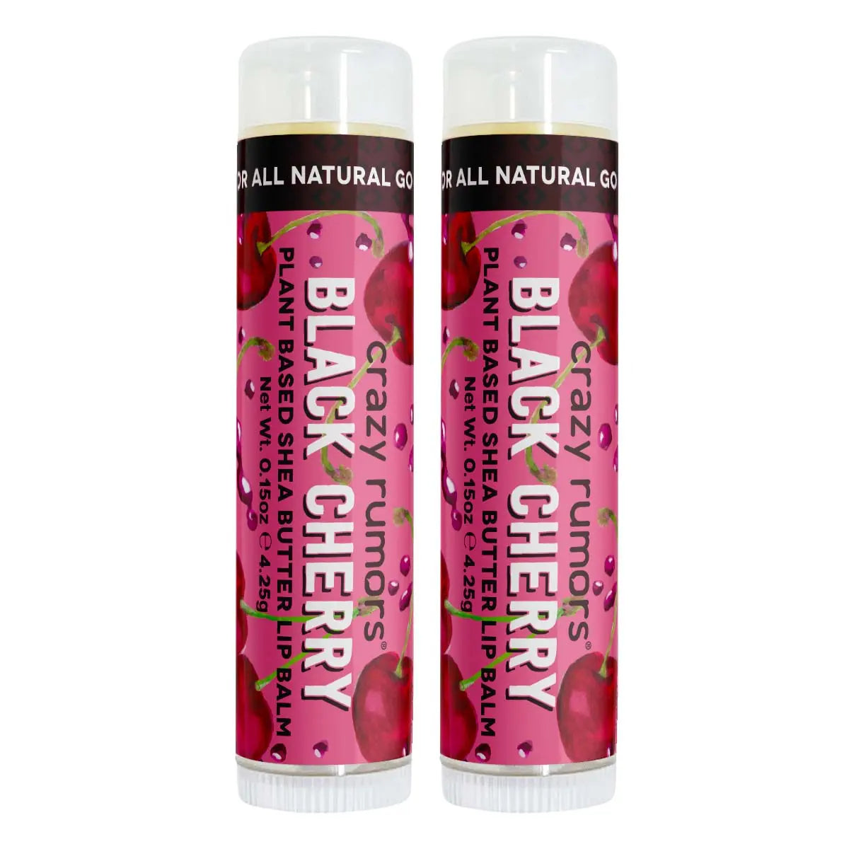 Two Black Cherry lip balm tubes with pink labels and clear white caps