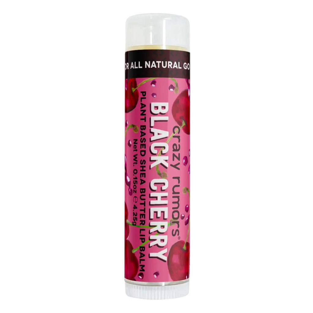 Black Cherry lip balm tube with pink label and clear cap, shea butter balm