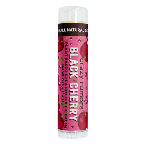 Black Cherry lip balm tube with pink label and clear cap, shea butter balm