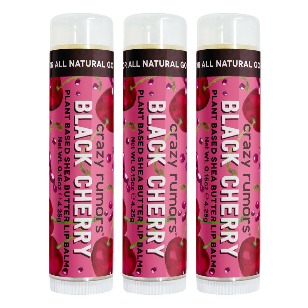 Three Black Cherry lip balm tubes, pink labels and clear caps