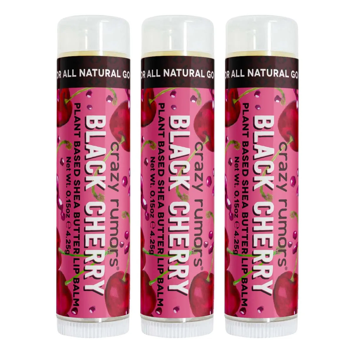 Three Black Cherry lip balm tubes, pink labels and clear caps
