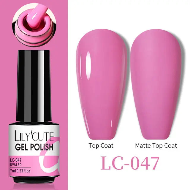 Thermal gel nail polish LC-047: pink glossy, matte top coat swatch