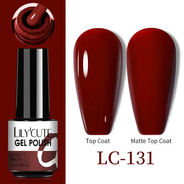 Thermo Gel Nail Polish LC-131: dark red/burgundy swatch with Top Coat and Matte Top Coat