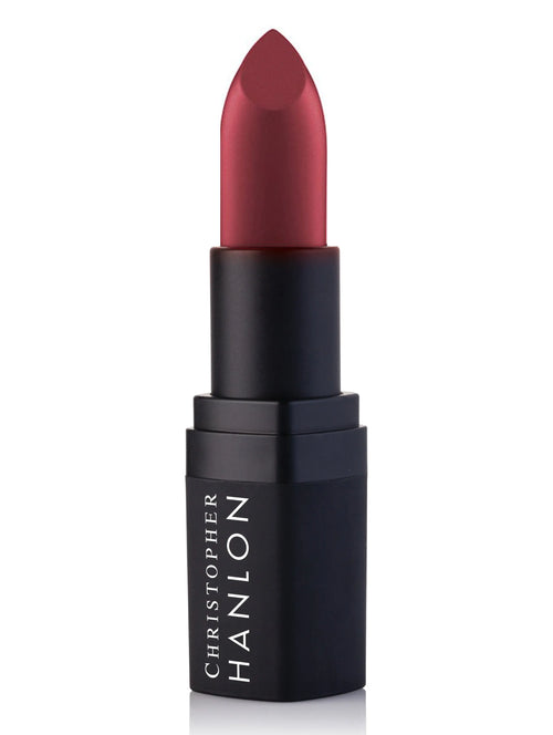 Burgundy-crimson lipstick in black tube with raised bullet